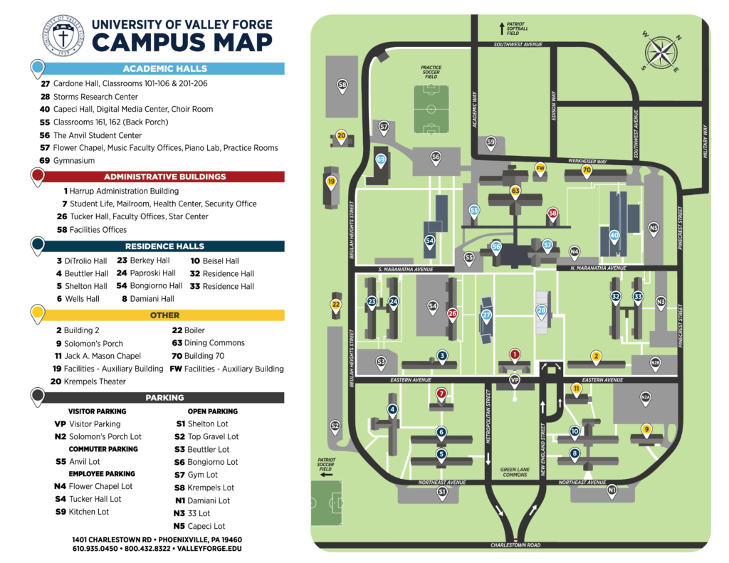 Digital map of the University of Valley Forge campus.