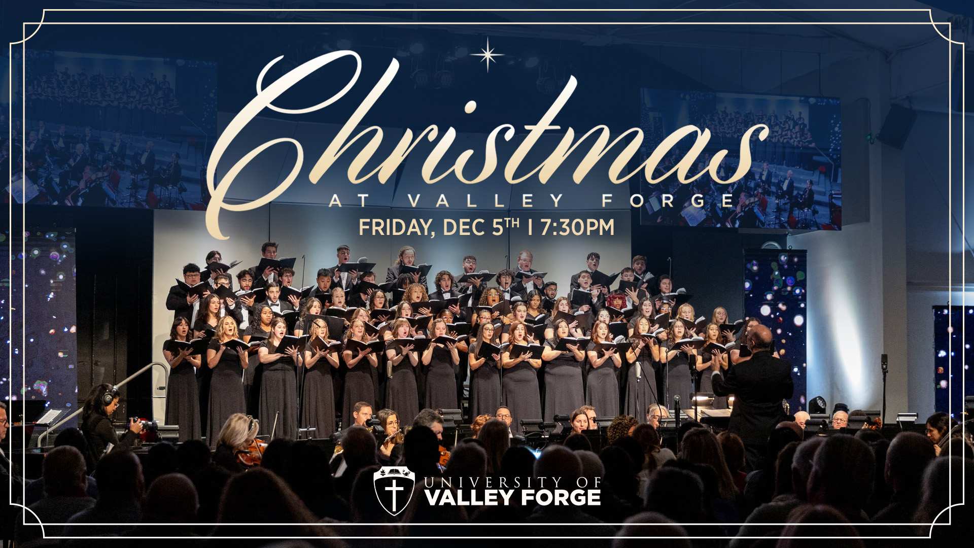 University choir members on stage with "Christmas at Valley Forge" text