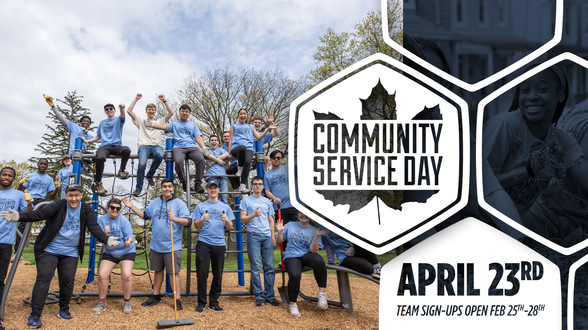 People in blue shirts pose on playground equipment. Community Service Day, April 23rd. Sign-up Feb 25-28 for teams.