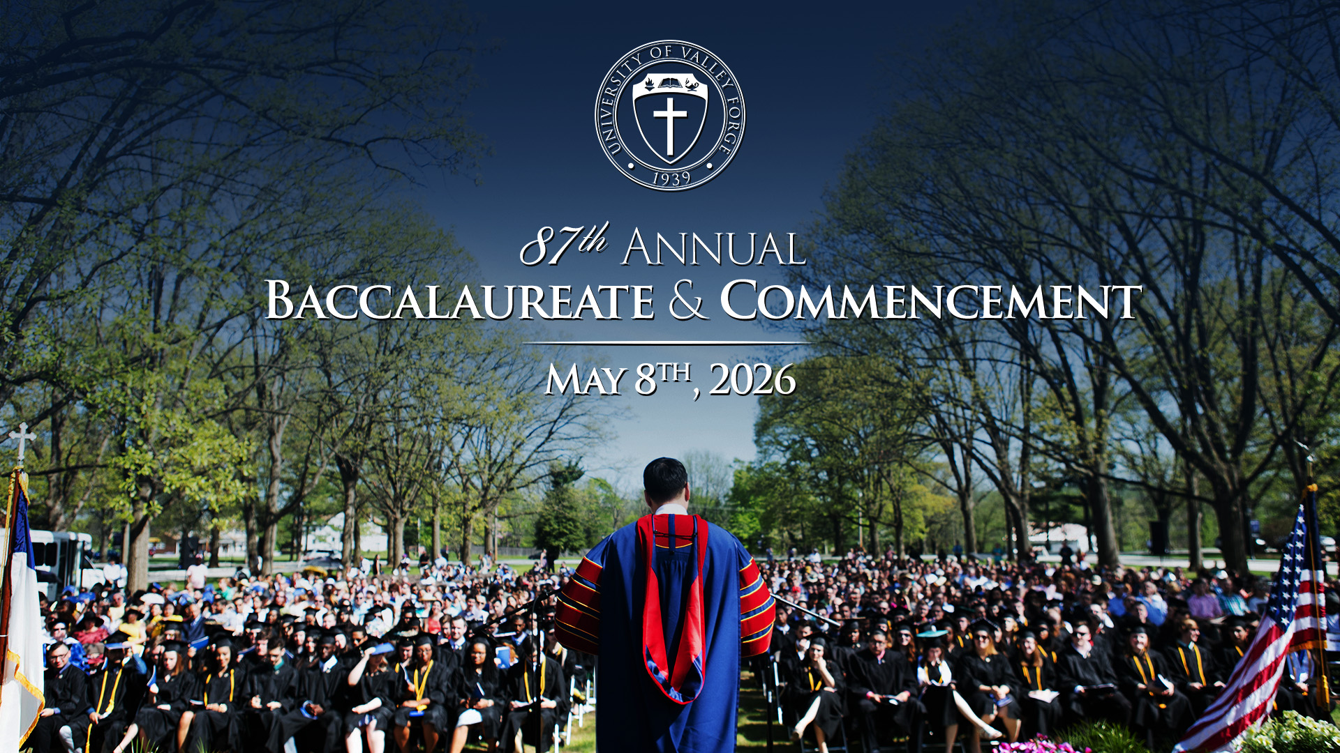 Photo of UVF Commencement ceremony outdoors with text reading "87th Annual Baccalaureate & Commencement, May 8th, 2026"